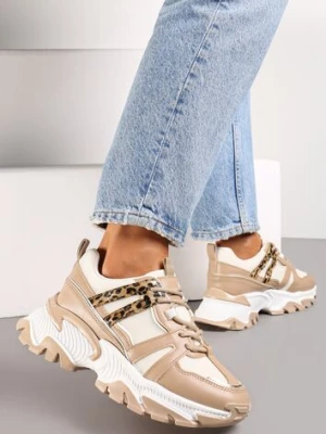 Ciemnobeżowe Sznurowane Sneakersy na Grubej Podeszwie ze Wstawkami i Brokatem Widgeta