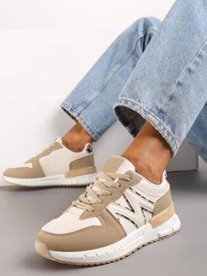 Ciemnobeżowe Sznurowane Sneakersy na Płaskiej Podeszwie z Metalicznym Wykończeniem Vivamarie