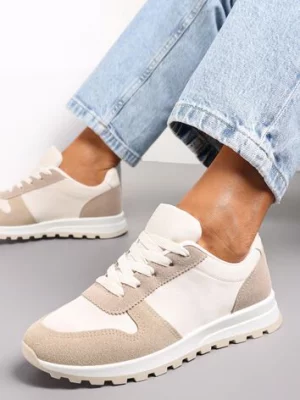 Biało-Ciemnobeżowe Sznurowane Sneakersy na Płaskiej Podeszwie z Wycięciami i Wstawkami Zaylynn
