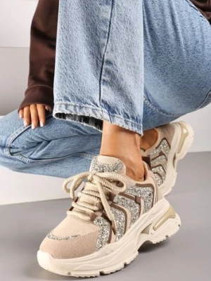 Ciemnobeżowe Sznurowane Sneakersy na Platformie Ozdobione Brokatem Ewla