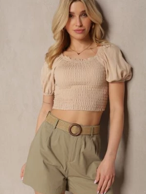 Zielone Szorty z Bawełny High Waist o Kroju Bermudów Zapinane na Zamek Błyskawiczny i Guzik z Plecionym Paskiem z Klamrą Iannestra rosa