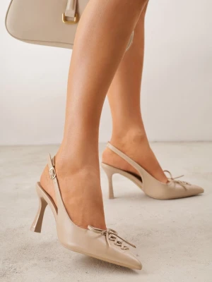 Ciemnobeżowe Szpilki Slingback VICES Zdobione Gorsetowym Wiązaniem z Kokardą Azimuna Beżowy