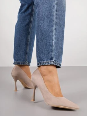 Ciemnobeżowe Szpilki Vices na Obcasie Typu Klepsydra ze Skórzaną Wkładką Elttime