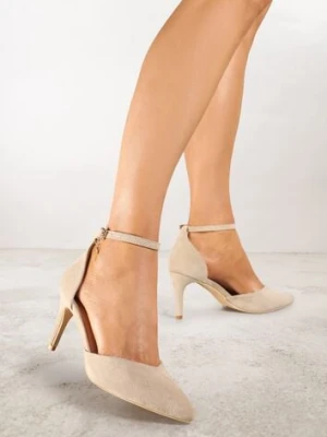 Ciemnobeżowe Szpilki Vices z Wkładką ze Skóry Naturalnej i Ozdobnym Paskiem Korori