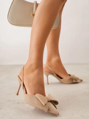 Ciemnobeżowe Szpilki z Imitacji Zamszu z Paskiem na Piętę i Ozdobną Kokardą Themigeia c&l fashion