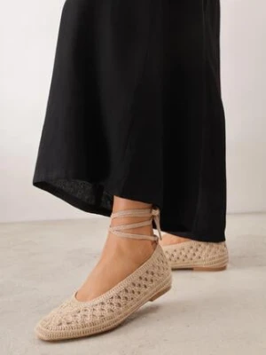 Ciemnobeżowe Szydełkowe Balerinki VICES w Stylu Boho z Wiązaniem Wokół Kostki Nassea