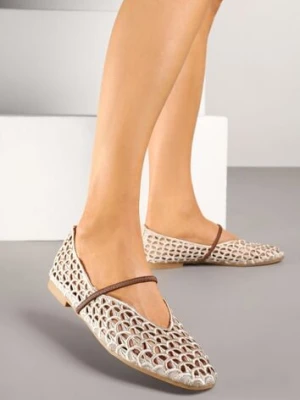 Ciemnobeżowe Szydełkowe Balerinki w Stylu Boho z Paskiem Vomea ideal