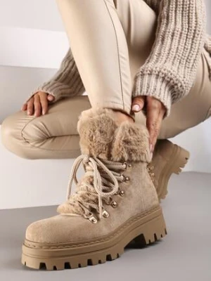 Ciemnobeżowe Traperki na Tłoczonej Podeszwie Ozdobione Futerkiem Taiva