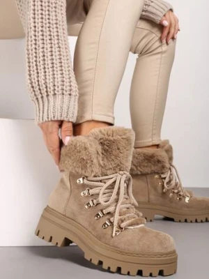 Ciemnobeżowe Traperki z Futerkiem na Grubej Podeszwie Tairene