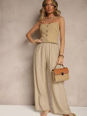Ciemnobeżowe Wiskozowe Spodnie Palazzo High Waist z Lnem Linaselia