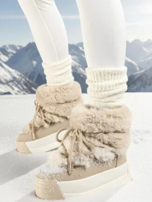Ciemnobeżowe Wsuwane Śniegowce na Platformie z Futerkiem i Sznurowaniem Ettarie