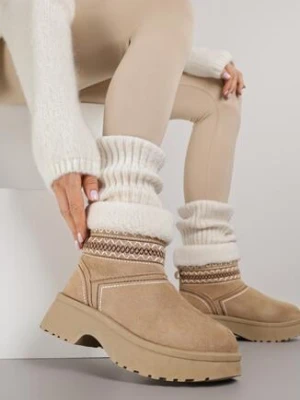 Ciemnobeżowe Wsuwane Śniegowce Zdobione Hafem i Futerkiem Miosadia shoes