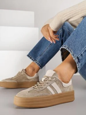 Ciemnobeżowe Zamszowe Sneakersy na Grubej Podeszwie z Paskami i Skórzaną Wkładką Felenne goodin