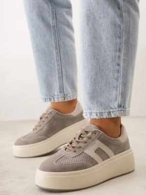 Ciemnobeżowe Zamszowe Sneakersy na Grubej Podeszwie z Perforacją i Ozdobą Sewtora goodin