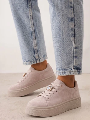 Ciemnobeżowe Zamszowe Sneakersy na Platformie z Cyrkoniową Aplikacją Sulis Goodin Beżowy