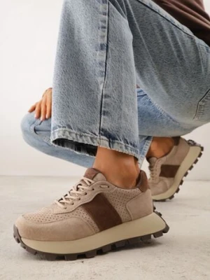 Ciemnobeżowe Zamszowe Sneakersy na Podeszwie Chunky z Perforowaną Cholewką Cezarlina goodin