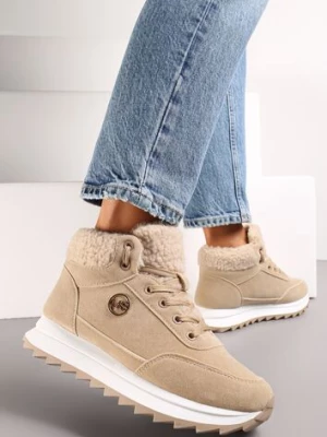 Ciemnobeżowe Zimowe Sneakersy ze Sztucznym Futerkiem Turelia