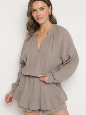 Ciemnobeżowy Bawełniany Kombinezon z Elastyczną Gumką w Talii i Spódnico-Spodenkami Gleasea jumelle