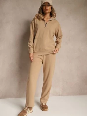 Ciemnobeżowy Bawełniany Komplet Dresowy z Ociepleniem Spodnie i Bluza z Suwakiem Mistilia defox