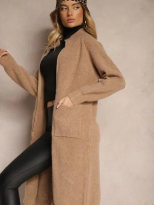 Ciemnobeżowy Długi Kardigan o Prostym Kroju ze Stójką z Domieszką Wełny i Zapięciem na Suwak Bonitana j&x