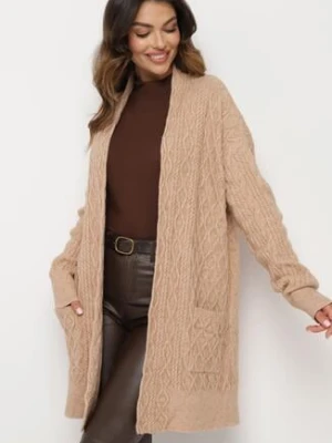 Ciemnobeżowy Długi Nierozpinany Kardigan z Tłoczeniem Vaithnia