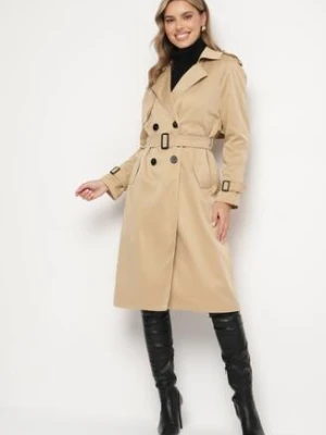 Ciemnobeżowy Długi Płaszcz Trencz o Klasycznym Fasonie z Paskiem Nasde melya by melody