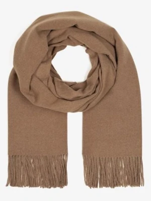 Ciemnobeżowy Długi Szalik Wiskozowy z Wełną Ozdobiony Frędzlami Portina