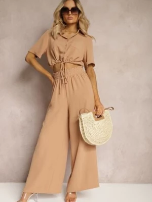 Ciemnobeżowy Dwuczęściowy Komplet Koszula z Krótkim Rękawem i Guzikami Spodnie z Gumką w Talii Zinesaa