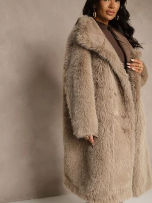 Ciemnobeżowy Dwurzędowy Płaszcz Futerko o Dwustronnym Kroju z Kołnierzem Nalaneva ann gissy