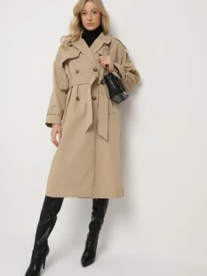 Ciemnobeżowy Dwurzędowy Płaszcz Trencz z Wiązanym Paskiem Rozcięciem i Klapą Terezi j.style