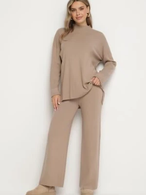 Ciemnobeżowy Dzianinowy 2-częściowy Komplet z Wiskozą Sweter z Półgolfem i Szerokie Spodnie Firizia