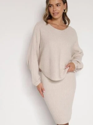 Ciemnobeżowy Dzianinowy Komplet Prążkowany Sukienka i Sweter o Kroju Nietoperz Wederela