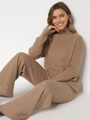 Ciemnobeżowy Dzianinowy Komplet z Bawełną i Wełną Długi Sweter i Szerokie Spodnie Reinesa