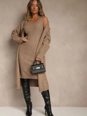 Ciemnobeżowy Dzianinowy Komplet z Wełną Prążkowana Sukienka i Długi Kardigan Falonessa j&x
