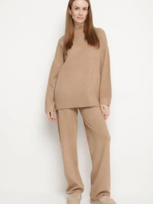 Ciemnobeżowy Dzianinowy Komplet z Wełną Spodnie i Sweter Tesira