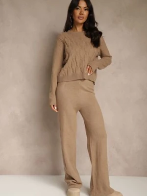 Ciemnobeżowy Dzianinowy Komplet z Wełną Spodnie Wide Leg i Sweter Cropped Nezera