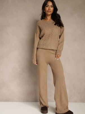 Ciemnobeżowy Dzianinowy Komplet z Wełną w Warkoczowy Splot Spodnie i Sweter Reinette j&x