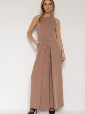 Ciemnobeżowy Elegancki Kombinezon z Ozdobnymi Zakładkami Zellysha