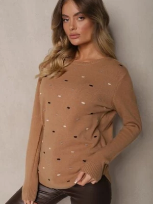 Ciemnobeżowy Elegancki Sweter z Delikatnymi Haftowanymi Zdobieniami z Przodu Reriala glo-story