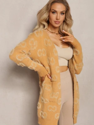 Ciemnobeżowy Jednolity Kardigan w Cętki Niezapinany Raniwasa Wool Fashion