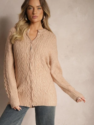 Ciemnobeżowy Kardigan na Guziki z Ozdobnym Splotem Alorinda Wool Fashion