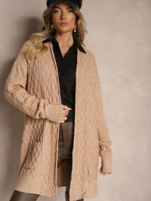 Ciemnobeżowy Kardigan Nierozpinany o Długim Kroju Ozdobiony Tłoczeniem Vailithe