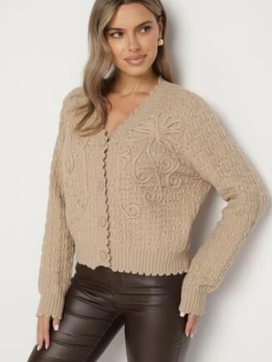 Ciemnobeżowy Kardigan Oversize Zapinany na Guziki z Ozdobnym HaftemKalabrine acajo