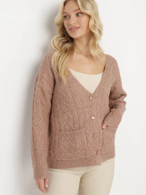 Ciemnobeżowy Kardigan z Dekoltem w Serek w Warkoczykowy Splot Mallak Wool Fashion