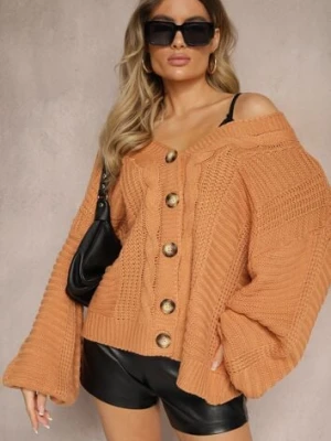 Ciemnobeżowy Kardigan z Dodatkiem Wiskozy Wykończony Guzikami Tłoczeniem i Ściągaczem Fizora metro five