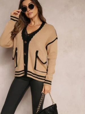 Ciemnobeżowy Kardigan z Metalicznymi Guzikami i Ozdobnymi Lamówkami Abovza lily rose