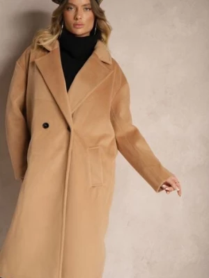 Ciemnobeżowy Klasyczny Płaszcz o Dwurzędowym Kroju z Kieszeniami Malwilina jstyle