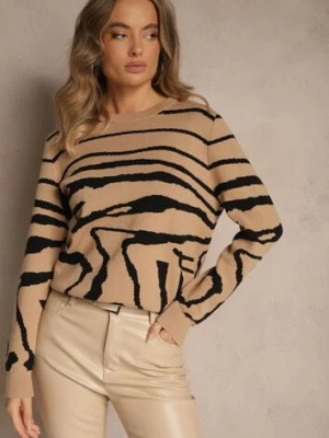 Ciemnobeżowy Klasyczny Sweter w Zebrę Unarella glo-story