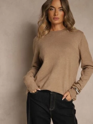 Ciemnobeżowy Klasyczny Sweter z Wełną i Bawełną Bez Zdobień Neandia j&x