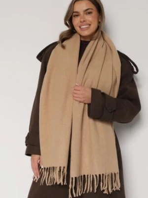 Ciemnobeżowy Klasyczny Szalik Zdobiony Frędzlami Vetilana